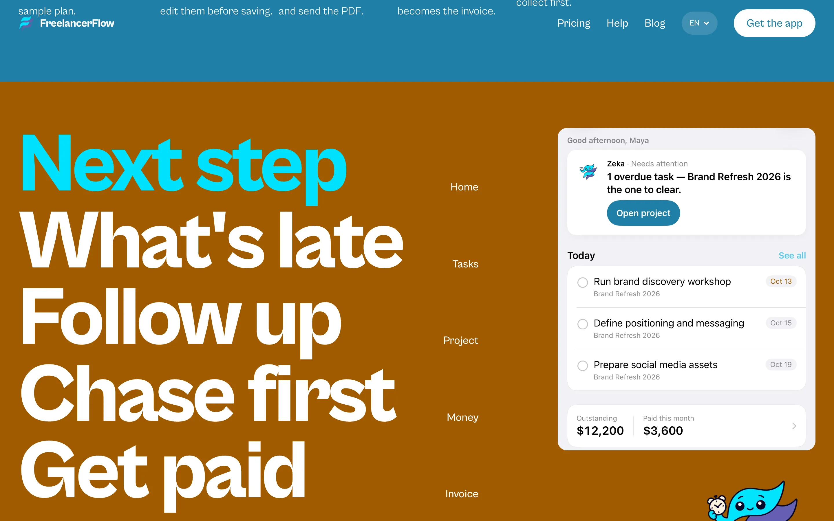 Today: the one task that needs attention, with outstanding and paid totals