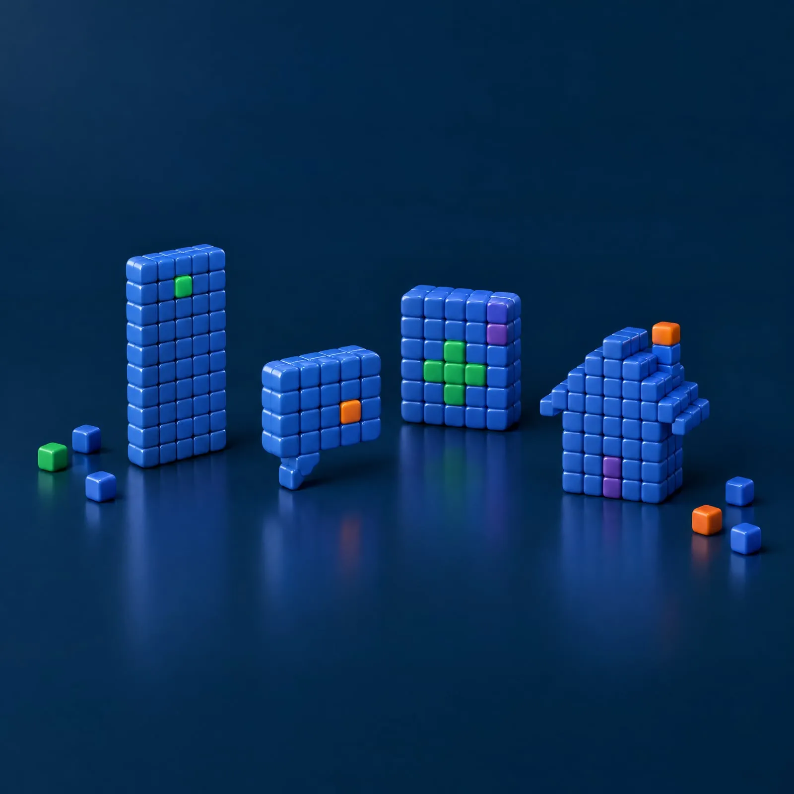 A phone, a chat bubble, a game tile and a house built from cubes