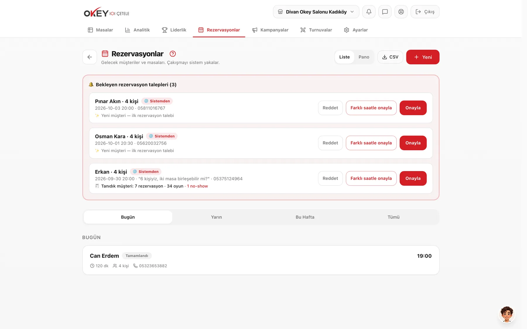Reservations for tournament and Okey nights