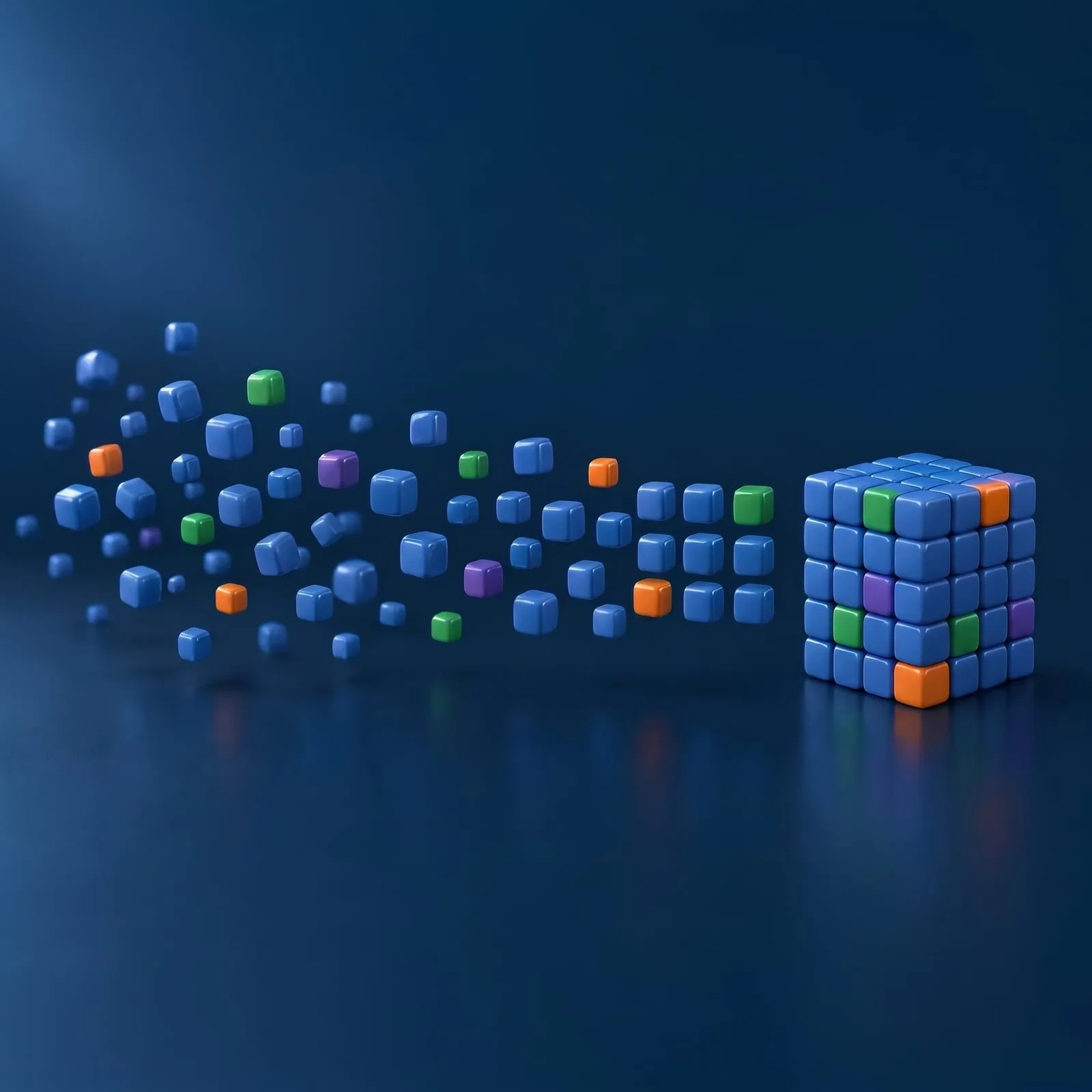 Scattered cubes coming together into an ordered structure