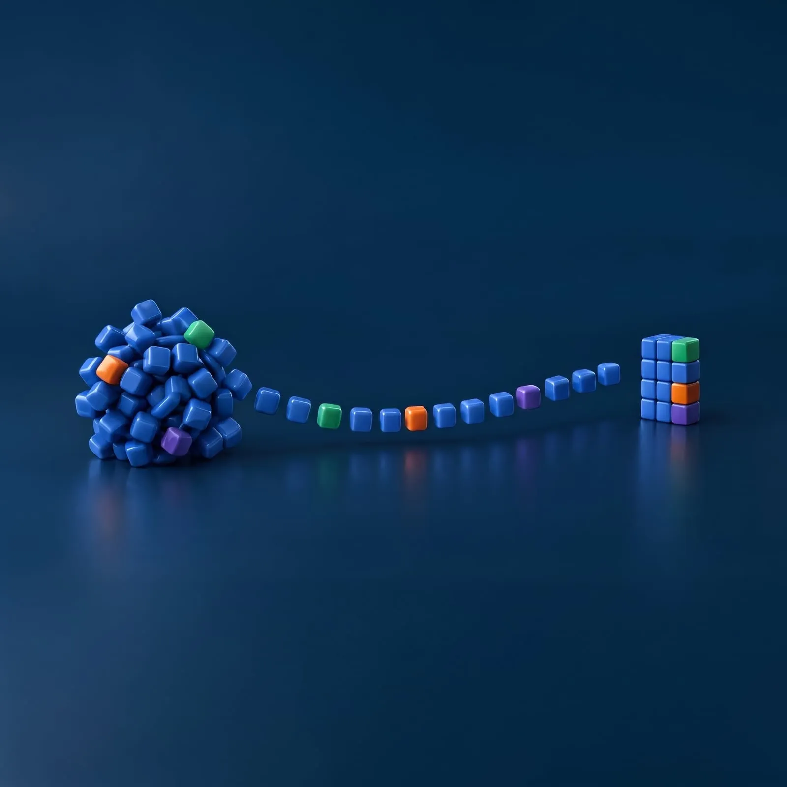 A tangle of cubes turning into a smooth, flowing path