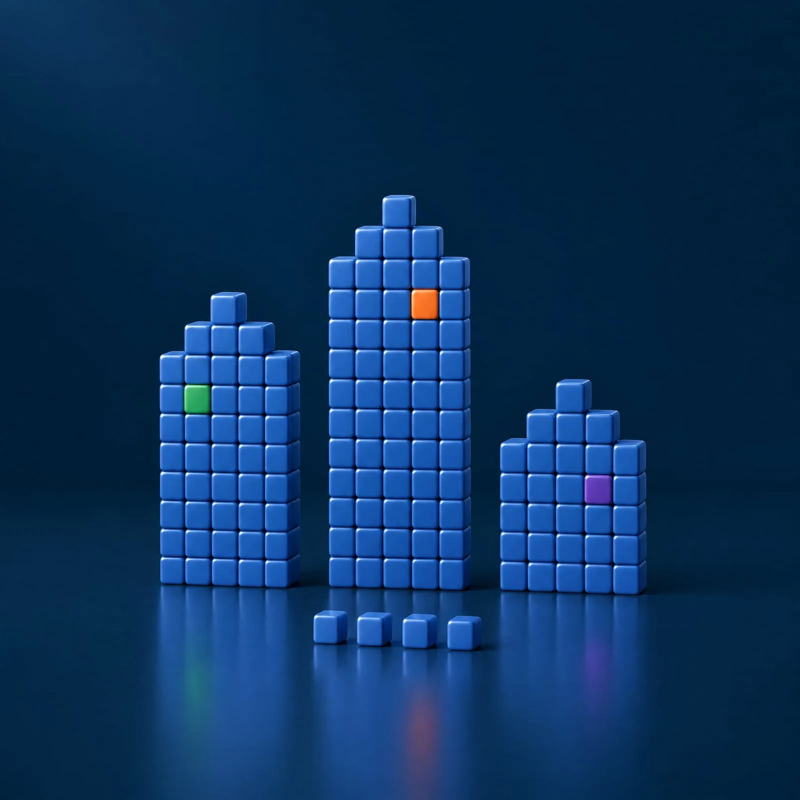 Three finished structures built from cubes